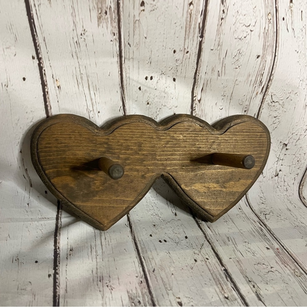 VTG Handmade Heart Wood Wall Hooks Coat Hat Leash Rack Country Primitive